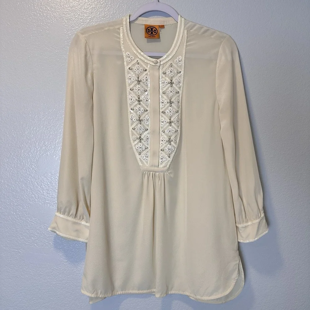 Tory Burch Size-8 Silk Embellished  Blouse 3/4 Sleeve Top‎ Ivory